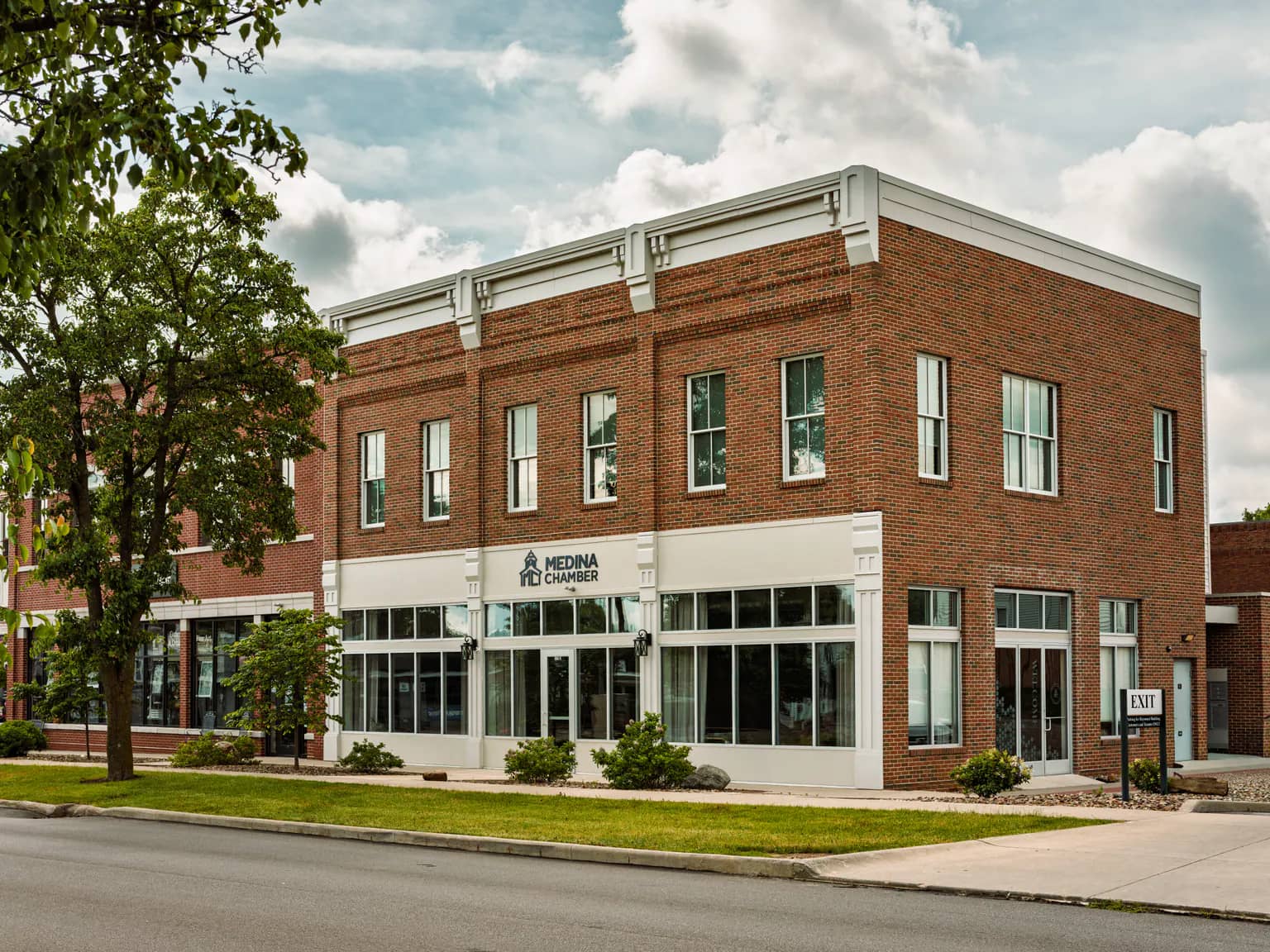 Greater Medina Chamber of Commerce headquarters, a two-story brick building at 139 N. Court Street in downtown Medina, Ohio