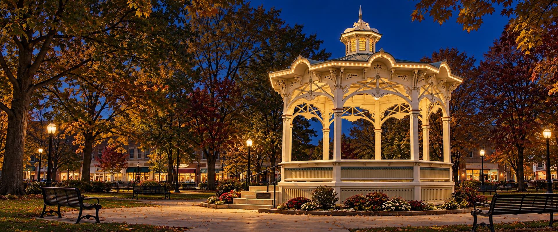 Historic Medina Square gazebo lit up at dusk in autumn